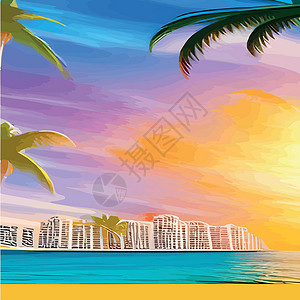 海滩长廊Web 与棕榈树的迈阿密海滩在日落 与晴朗的天空的热带风景 在海滩的棕榈树 手掌的轮廓旅游海景日出长廊太阳假期传单蓝色棕榈地平线插画