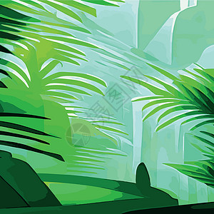 穆哥红通带有红棕榈树叶的热带打印卡片 绿洲景观 手工绘制的矢量图示温泉野生动物叶子植被墙纸森林丛林艺术情调环境插画