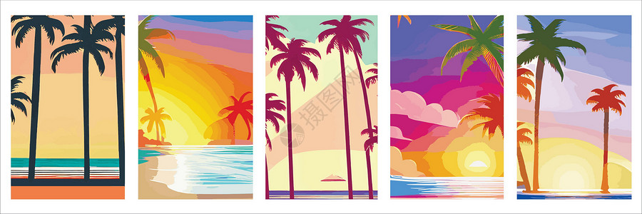 泻湖布拉瓦设置垂直反向日落海报 在棕榈树海滩上设定80和90年代的风格 背景摘要 有阳光梯度雨林太阳紫色异国日出空气戏剧性海洋橙子假期设计图片