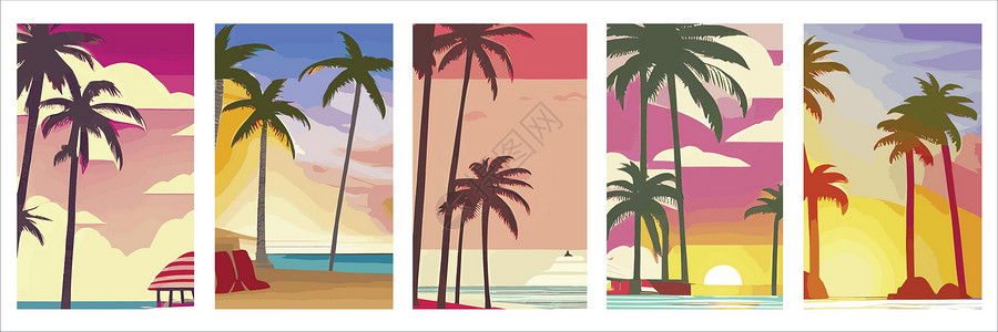 佛罗里达设置垂直反向日落海报 在棕榈树海滩上设定80和90年代的风格 背景摘要 有阳光梯度太阳收藏地平线耀斑海岸爬坡插图旅行棕榈旅游插画
