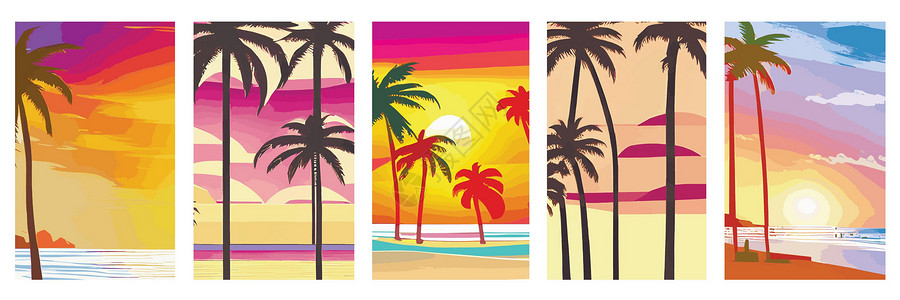 黄金海滩设置垂直反向日落海报 在棕榈树海滩上设定80和90年代的风格 背景摘要 有阳光梯度海洋旅行紫色黄金城市橙子椰子赏金景观情调插画
