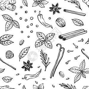 肉桂岩茶草药和香料无缝模式 手绘的素描风格矢量图解叶子团体桂冠营养香气赞成芳香肉桂八角草本植物插画