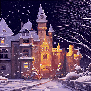 芬兰城堡雪 雪花 夜晚 月亮 冬季风景 矢量图小孩子们 注天空蓝色枞树建筑历史地形日落问候城堡工艺插画