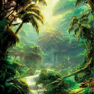 风景 泰国印刷的外来雾森林自然林地貌 矢量说明 风景双影 浓树 鲜花泉丛林叶子热带雨林花园多样性植物异国蕨类灌木丛插画