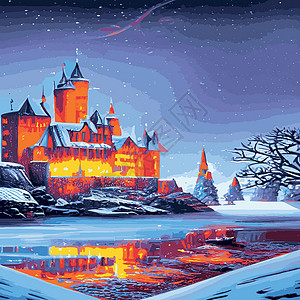 老城堡路雪 雪花 夜晚 月亮 冬季风景 矢量图小孩子们 注蓝色城市魔法楼梯阴影天空孤独插图刷子财产插画