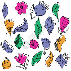 钟形花序彩色斑点 线形卷卷和设计图纸上涂满了假冒植物 叶子和花朵的面条插画