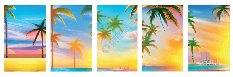 海滩长廊与现实剪影棕榈树日落海滩卡 与晴朗的天空 棕榈树海滩的热带风景 暑假热带植物 海洋海浪 向量集的垂直海报旅游插图场景棕榈打碟机树插画