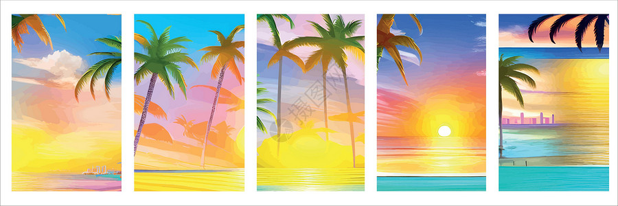 南佛罗里达与现实剪影棕榈树日落海滩卡 与晴朗的天空 棕榈树海滩的热带风景 暑假热带植物 海洋海浪 向量集的垂直海报旅游收藏机构阳光夜生活天插画