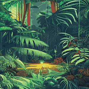 印刷多彩热带雨林 棕榈叶和其他植物 阿洛哈纺织品收集 茂密的热带森林环境木头异国插图动物活动艺术教育野生动物墙纸背景图片