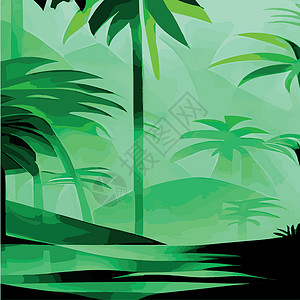 穆哥红通带有红棕榈树叶的热带打印卡片 绿洲景观 手工绘制的矢量图示叶子森林异国土地季节墙纸植物气候衬套边界插画