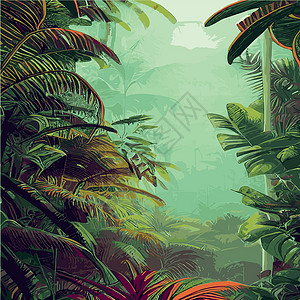 危地马拉印刷多彩热带雨林 棕榈叶和其他植物 阿洛哈纺织品收集 茂密的热带森林雨林草图蕨类灌木丛花园鹦鹉动物群木头插图情调插画