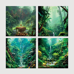 危地马拉绿色地貌热带神秘奇特的森林 丛林厚壁 横向背景 都放在了正方形柱子上灌木丛公园环境天堂生态植物雨林野生动物蕨类木头插画