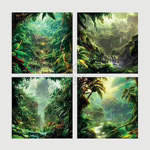 马来西亚仙本那风景绿色地貌热带神秘奇特的森林 丛林厚壁 横向背景 都放在了正方形柱子上野生动物材料木头插图薄雾雨林植物鹦鹉天堂热带雨林插画