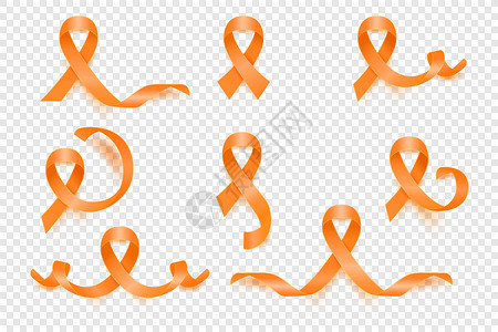 矢量 3d 逼真的橙色丝带集 白血病癌症意识符号特写 癌症丝带模板 世界白血病癌症日概念帮助疾病药品橙子插图丝绸保健幸存者卡片抗插画
