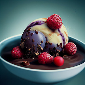 甜点摄影图海报摄影现实的3D插图冰淇淋勺 浆果和融化巧克力背景