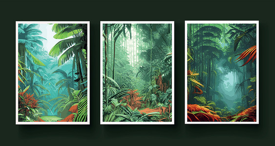 设置垂直海报 五颜六色的热带雨林 棕榈叶 其他植物 阿罗哈纺织品系列 热带森林植被茂密 乔木 灌木藤蔓 风景与绿色的花朵树木公园插画