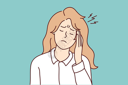 过熟不健康的妇女患有偏头痛疾病紧张头晕发烧伤害疼痛女性挫折斗争痛苦设计图片