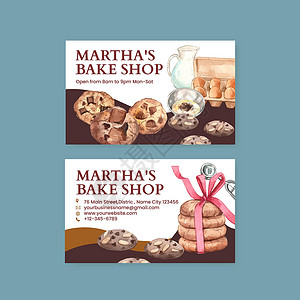 两张卡和芯片带有自制饼干概念 水彩色风格的名卡模板烘烤糕点椰子食物商业面粉巧克力芯片面包杏仁插画