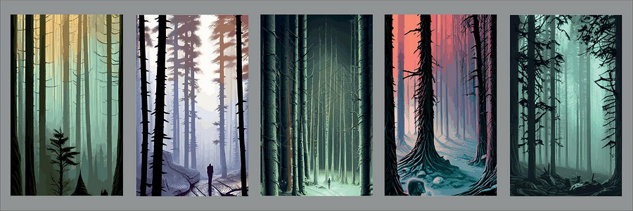 设置垂直背景的暗紫色森林 并配有雾薄光矢量图示 光露的环形树传单木头云杉标题冒险艺术针叶插图枞树月亮背景图片
