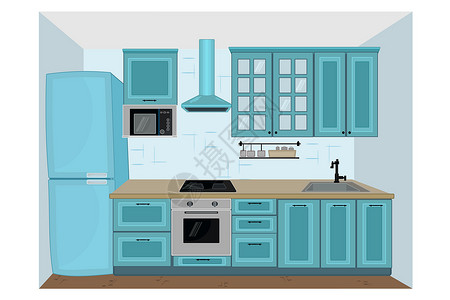 厨房抽油烟机厨房室内 有家具的厨房插画
