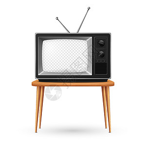 矢量 3d 逼真的复古电视接收器在木桌上站立特写隔离在白色 带透明屏幕的老式电视机 电视 前视图营销辩论视频乡愁娱乐发布会广告电背景图片