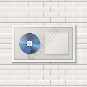 CD专辑现实矢量 3d蓝色光碟 包装 白砖墙背景的白框架封面 单一专辑集压缩磁盘奖 有限版 设计模板插画