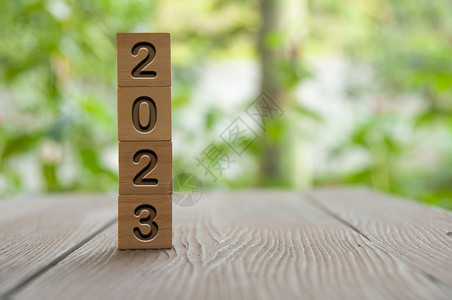 2023年文字刻在公园背景模糊的木块上 新年概念创造力成就长椅决议数字预算动机静物积木时间背景图片