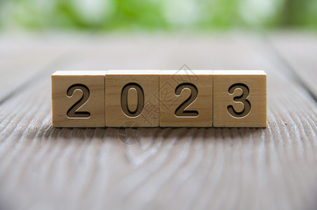 2023年文字刻在公园背景模糊的木块上 新年概念数字积木成就决议商业创造力静物几个月长椅时间背景图片
