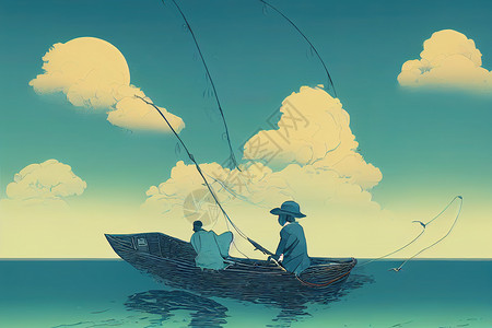 小猫钓鱼边框一只老渔夫和他的小猫在船上钓鱼 在海上用网钓鱼背景