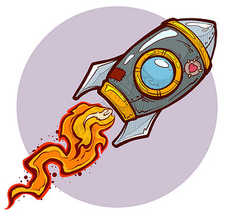 火心用贴心心标签的卡通红色空间火箭航班草图艺术火焰窗户飞船天空金属技术舷窗插画