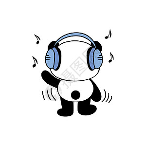 出生日期可爱熊猫用耳机收听音乐 现代风格的服装 印刷品 标签 贴纸 表面设计插图 白色背景图形孩子们女孩问候幼兽乐趣涂鸦孩子卡片标识插画