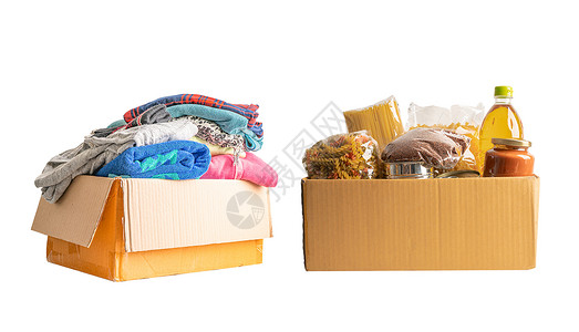 装产品盒子用于捐赠 储存和运送的食品 各种食品 面食 食用油和罐头食品以及装在纸箱中的旧衣服背景