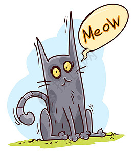 灰色框卡通可爱的笑笑坐着的小灰猫插画