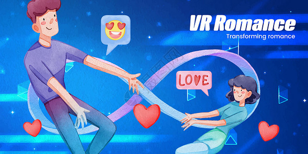 vr视频VR 约会概念 水彩色风格的博客头模板媒体插图营销社交水彩宇宙会议男人卡通片耳机插画