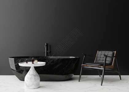 浴室图现代和豪华浴室的空黑墙 模拟经典风格的内饰 自由空间 为您的图片 文字或其他设计复制空间 浴室 桌子 扶手椅 3D 渲染背景