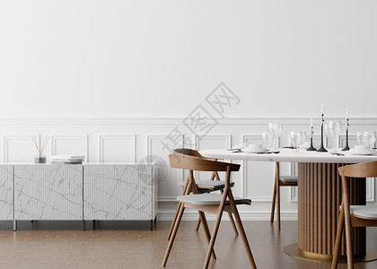 餐桌图现代餐厅的空白墙 模拟现代风格的室内装饰 自由空间 为您的图片 文字或其他设计复制空间 带椅子的餐桌 镶木地板 3D 渲染建筑学背景