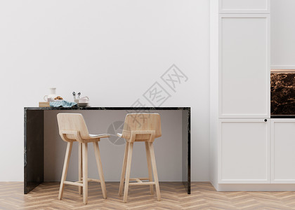 建团购海报现代厨房中的空白墙 以极简主义 现代风格模拟室内装饰 自由空间 为您的图片 文字或其他设计复制空间 桌子 椅子 3D 渲染房间建背景