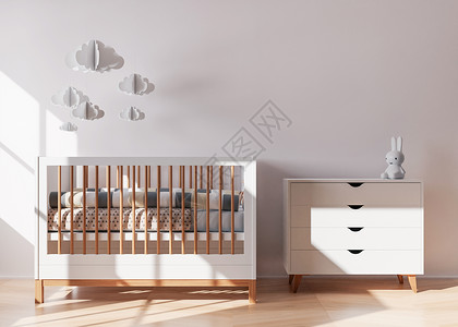 现代儿童房的空白墙 模拟现代风格的室内装饰 自由空间 为您的图片 文字或其他设计复制空间 婴儿床 控制台 舒适的儿童房 3D 渲背景图片