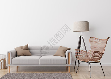 藤沙发现代客厅的空白墙 模拟现代斯堪的纳维亚风格的室内装饰 免费复制图片 海报 文本或其他设计的空间 沙发 藤扶手椅 台灯 3D 渲染背景