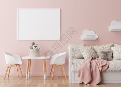 现代儿童房粉红色墙上的空水平相框 模拟斯堪的纳维亚风格的内饰 免费 为您的图片复制空间 床 桌子 椅子 玩具 舒适的儿童房 3D背景图片