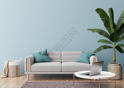 家具图素材现代客厅里空荡荡的浅蓝色墙壁 模拟现代斯堪的纳维亚风格的室内装饰 免费复制图片 海报 文本或其他设计的空间 沙发 植物 桌子 3背景