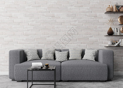 沙发直通车图现代客厅的空白砖墙 模拟现代风格的室内装饰 自由空间 为您的图片 文字或其他设计复制空间 沙发 桌子 书架 3D 渲染背景