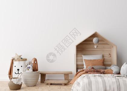 现代儿童房的空白墙 模拟斯堪的纳维亚风格的内饰 为您的图片 海报免费复制空间 床 藤篮 玩具 舒适的儿童房 3D 渲染篮子3d嘲背景图片
