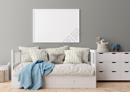 婴儿床促销海报现代儿童房灰色墙上的空水平相框 模拟斯堪的纳维亚风格的内饰 免费 为您的图片复制空间 床 控制台 玩具 舒适的儿童房 3D 渲染背景
