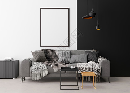 相框灯素材现代客厅白墙上的空垂直相框 以极简主义 现代风格模拟室内装饰 免费 为您的图片复制空间 沙发 桌子 灯 3D 渲染背景