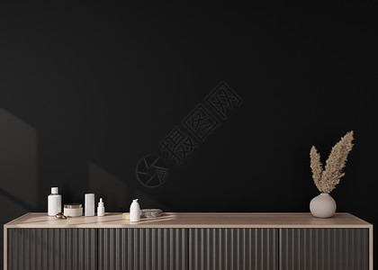 空的黑墙 模拟现代风格的室内装饰 特写视图 免费复制您的图片 文本或其他设计的空间 餐具柜 花瓶中的蒲苇 3D 渲染图片