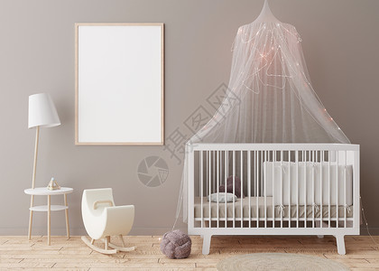 相框墙现代儿童房灰色墙上的空垂直相框 模拟斯堪的纳维亚风格的内饰 免费 为您的图片复制空间 婴儿床 桌子 舒适的儿童房 3D 渲染背景