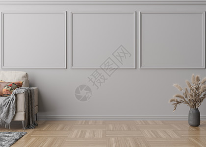 3d地板画有镶木地板的室 有装饰线条的灰色墙壁和空的空间 沙发 花瓶 蒲苇 模拟室内 为您的家具 图片 装饰品和其他物品提供免费 复制空间背景