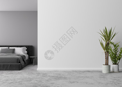 智能锁浅灰色空荡荡的房间 水泥地板和浅灰色的墙壁 床 植物 模拟室内 为您的家具 图片 装饰品和其他物品提供免费 复制空间 3D 渲染背景