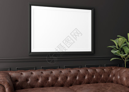 棕色海报现代客厅黑墙上的空水平相框 模拟现代风格的室内装饰 为您的图片 海报免费复制空间 棕色真皮沙发 植物 3D 渲染背景